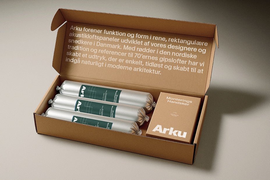 Tilbehør til nem montering af akustikloft. Montagelim og monterings handsker til montering af akustiske paneler.